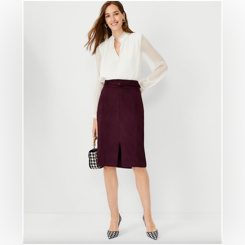 Ann Taylor Plum Deep Burgundy Faux Suede Pencil Skirt with Belt Size: 14